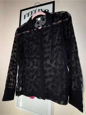 H&M Black Sheer Star Pattern Button Up Blouse Size 8 Rockstar Concert Indie